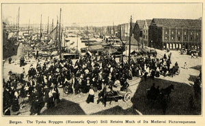 1922 Print Bergen Norway Medieval City Boat Harbor Dock ORIGINAL HISTORIC ILW2
