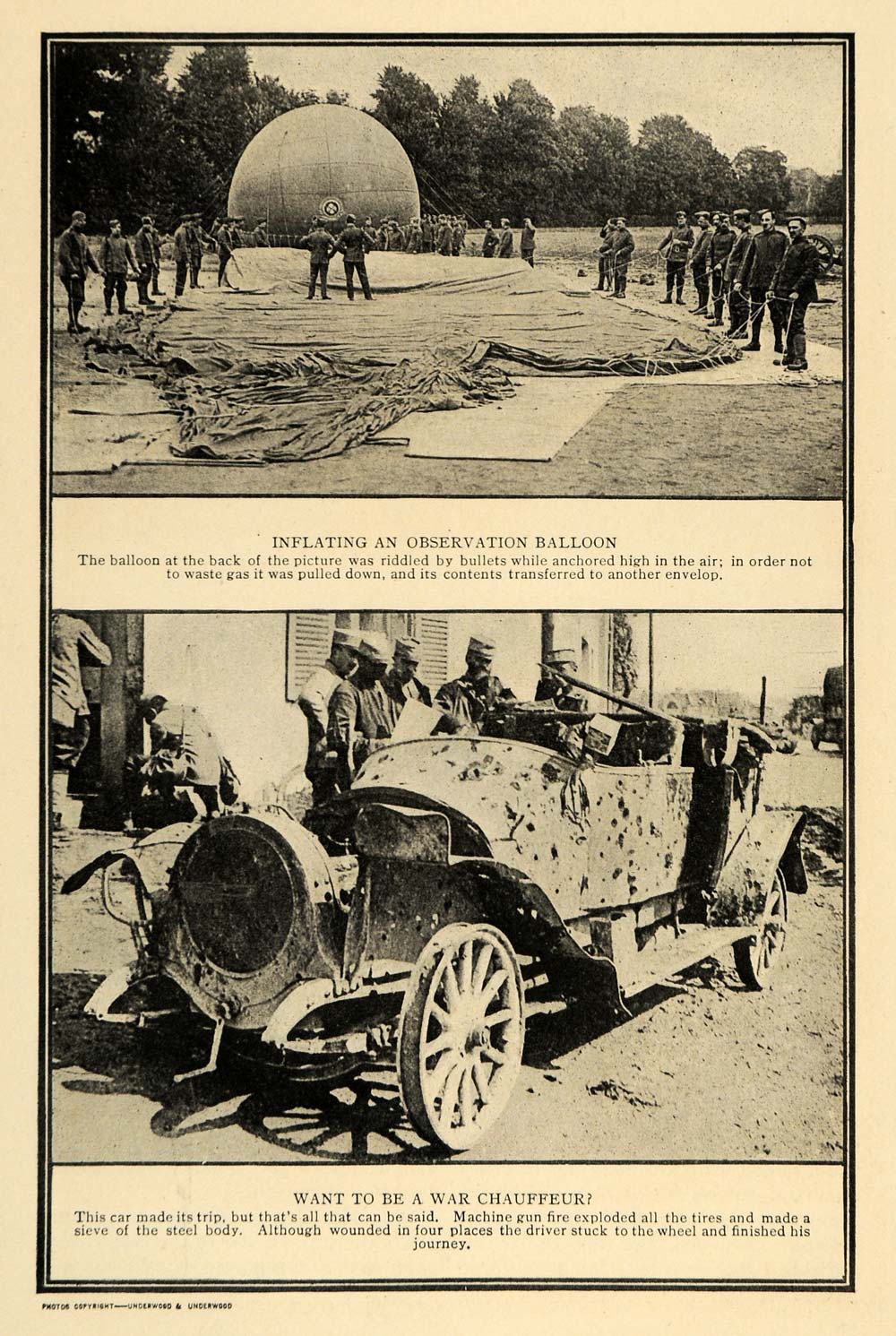 1916 Print Observation Balloon Wartime Machine Gun Car ORIGINAL HISTORIC ILW2