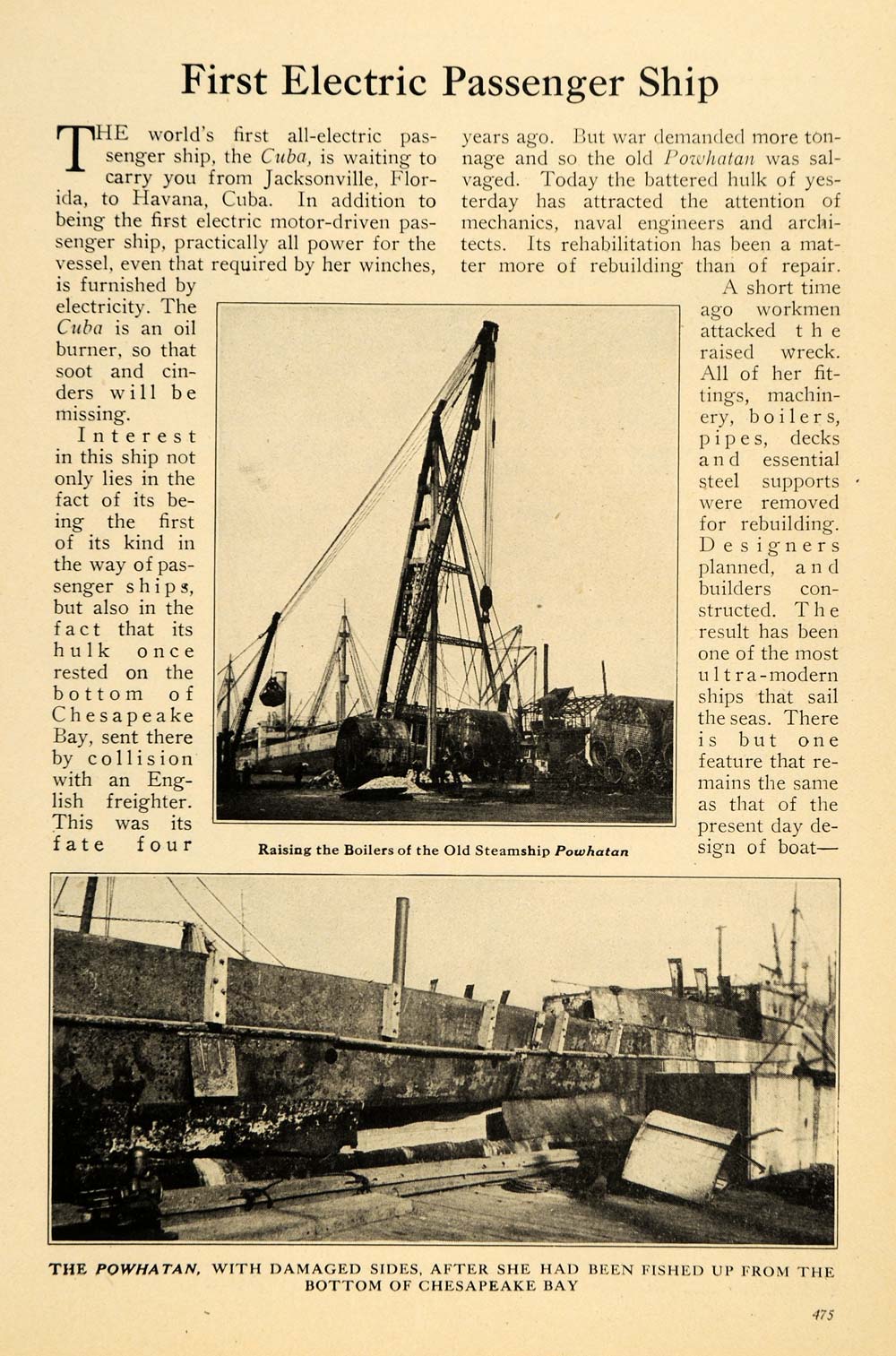 1921 Print Electric Passenger Ship Powhatan Steam Boat ORIGINAL HISTORIC ILW2