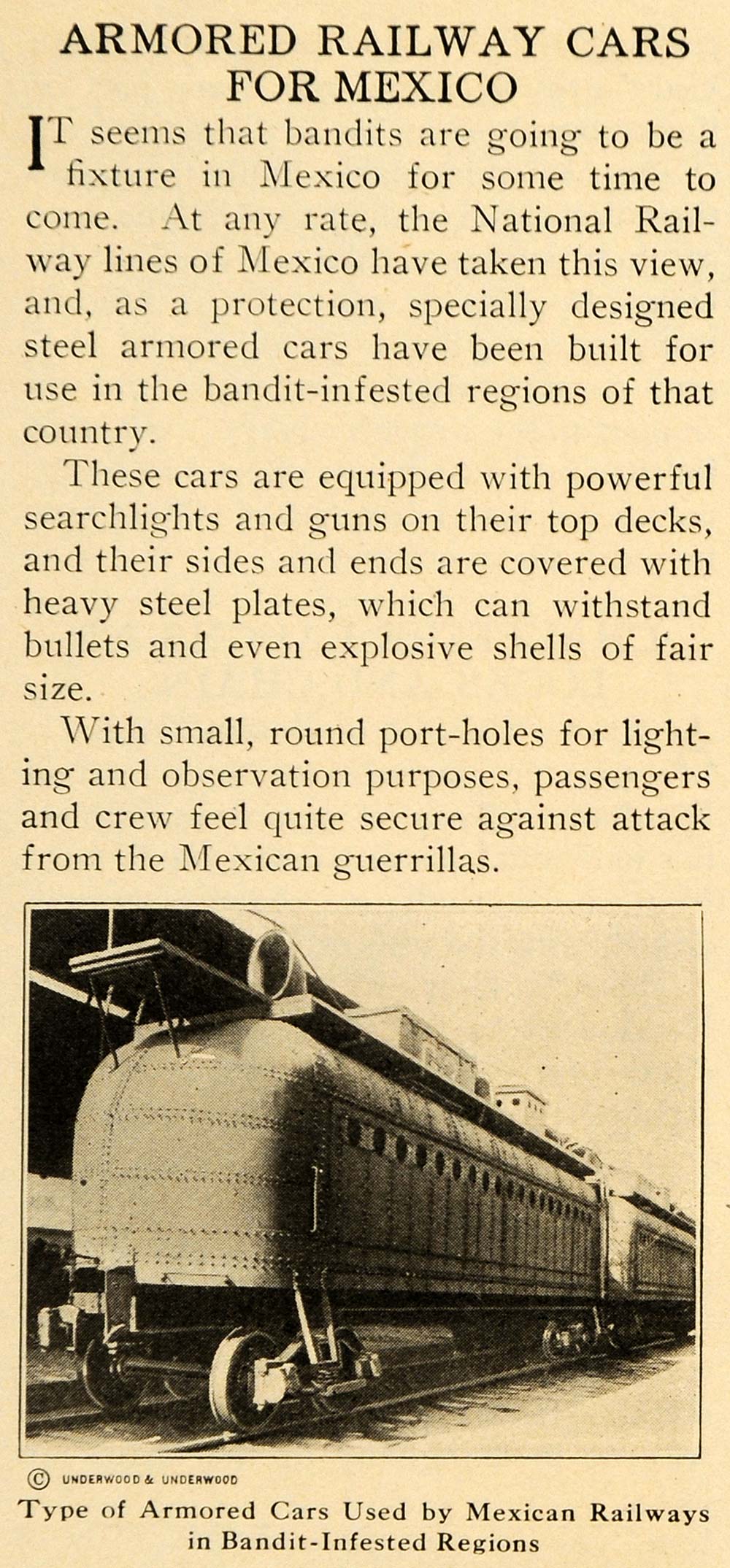 1920 Print Armored Railway Cars Mexico Bandit Guerrilla ORIGINAL HISTORIC ILW2