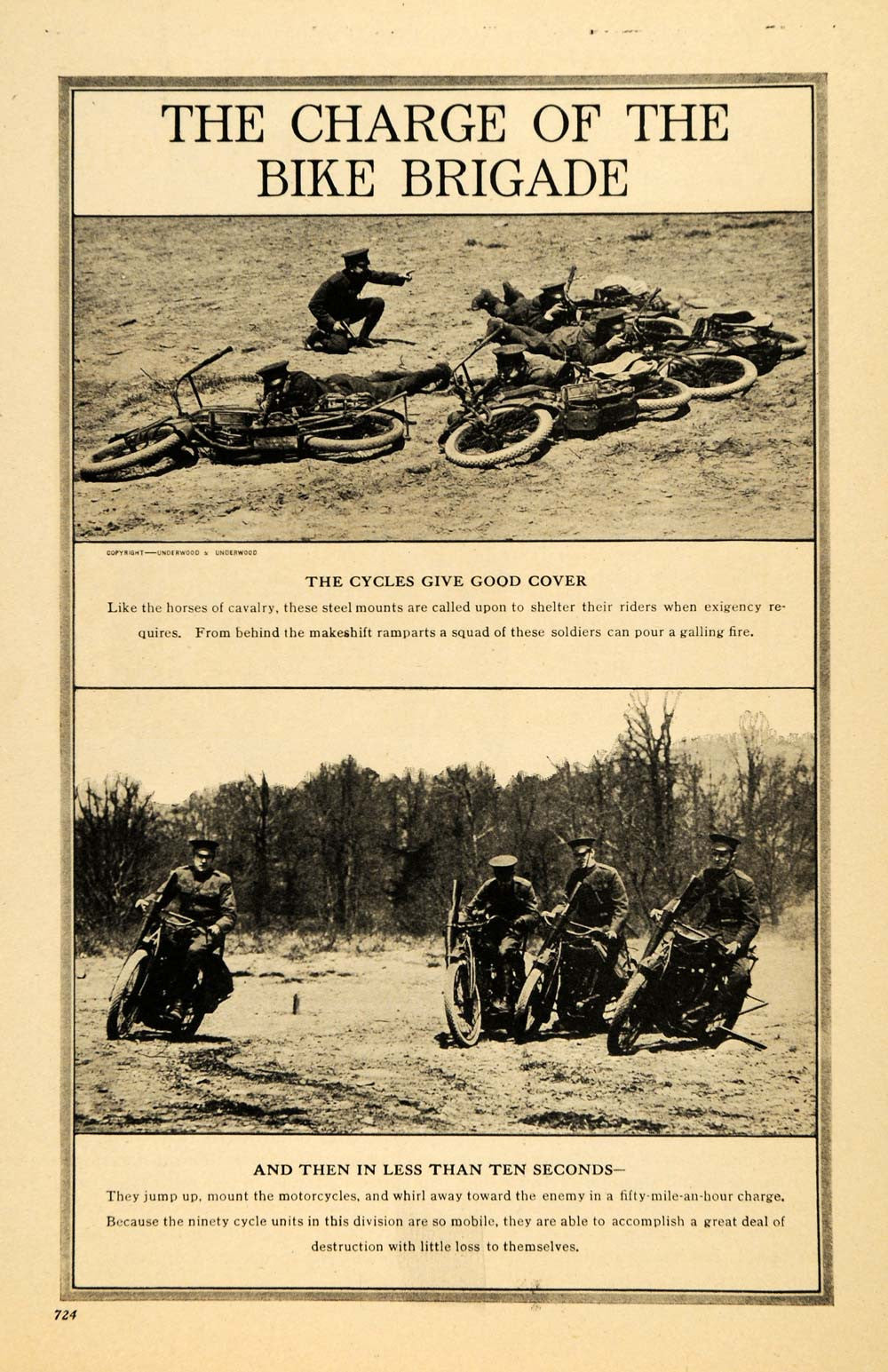 1917 Print Bike Brigade Motorcycle Horse Enemy Police - ORIGINAL HISTORIC ILW2 - Period Paper
