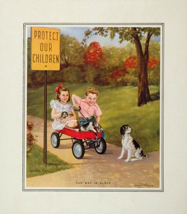 1953 Young Children Red Wagon Dog Puppies Color Print - ORIGINAL IMAGES