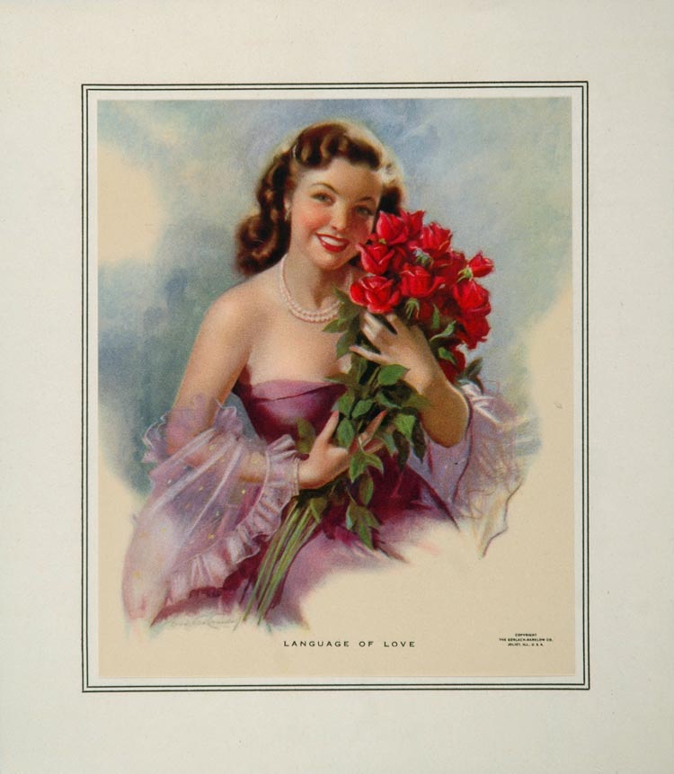 1953 Woman Purple Dress Red Long Stemmed Roses Print - ORIGINAL IMAGES