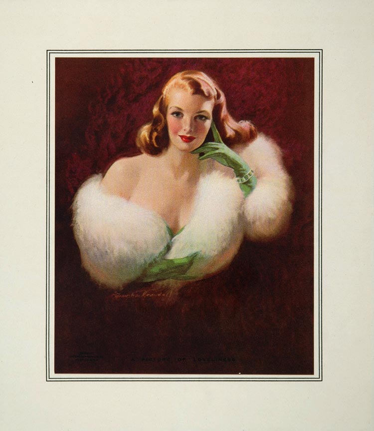 1953 Woman White Fur Stole Green Opera Gloves Print - ORIGINAL IMAGES