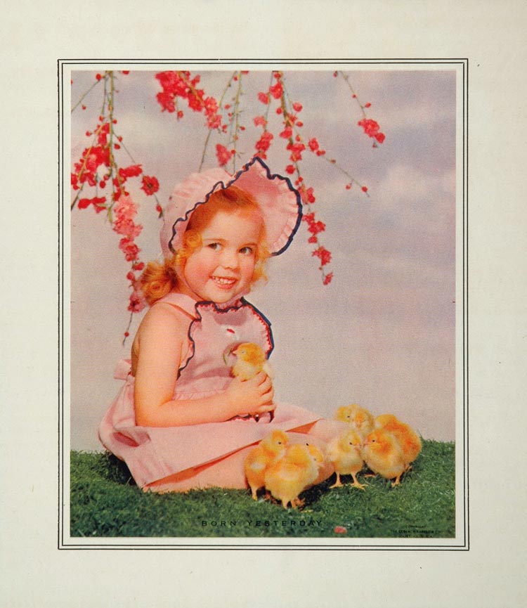 1953 Little Girl Pink Easter Bonnet Baby Chicks Print - ORIGINAL IMAGES