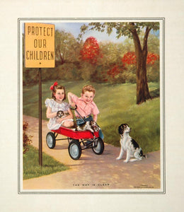 1953 Children Red Wagon Sidewalk Sign Dog Puppy Print - ORIGINAL IMAGES
