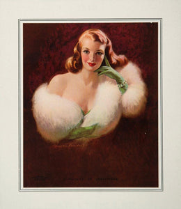 1953 Woman White Fur Stole Long Green Gloves Print - ORIGINAL IMAGES