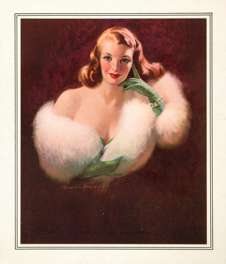 1953 Portrait Print Strawberry Blonde Lady Fur Stole Scarf Green Gloves IMAGES