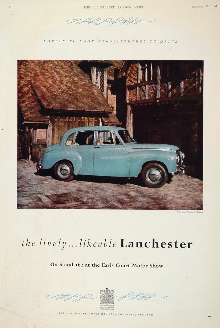 1951 Ad Vintage Blue Lanchester 14 Saloon English Car - ORIGINAL ADVERTISING