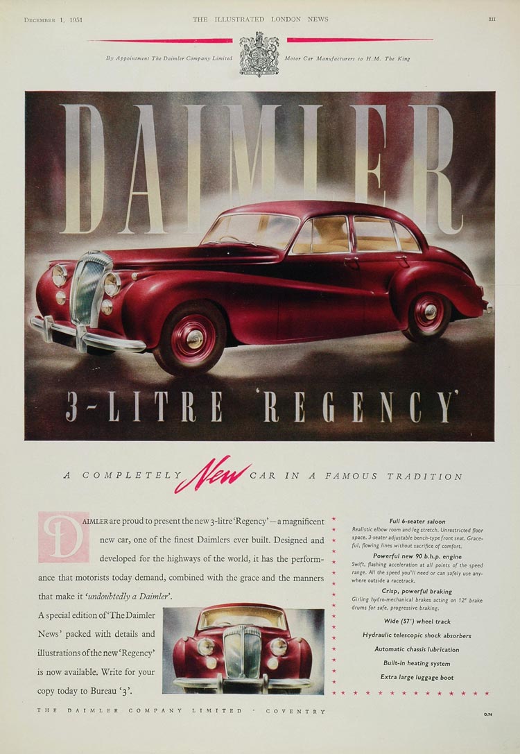1951 Ad Vintage Red Daimler Regency Saloon British Car - ORIGINAL ADVERTISING