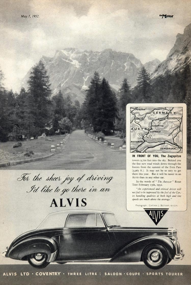 1952 Ad Vintage Alvis Coupe Sports Tourer Car Zugspitze - ORIGINAL ADVERTISING