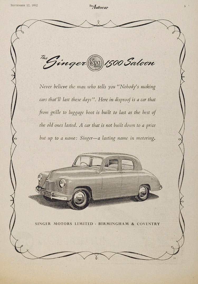 1952 Ad Vintage Singer SM 1500 Sedan Saloon British Car - ORIGINAL ADVERTISING