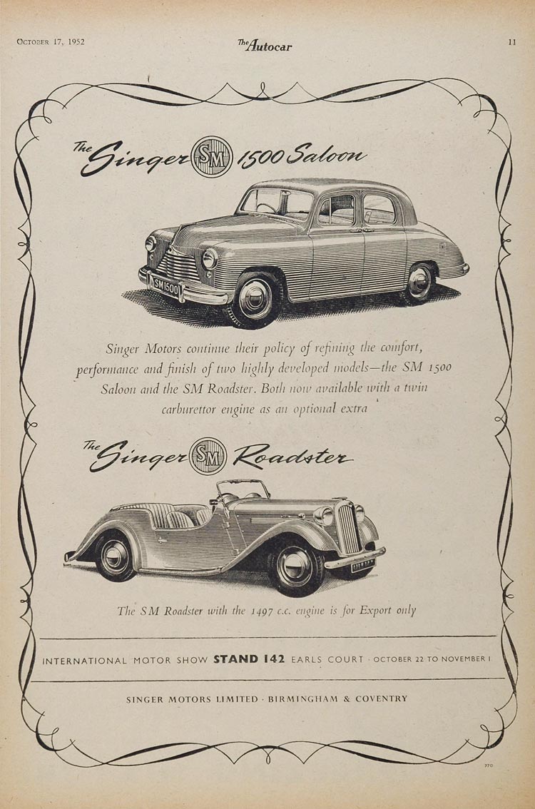 1952 Ad Vintage Singer 1500 Saloon Roadster British Car - ORIGINAL ADVERTISING