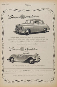 1952 Ad Vintage Singer 1500 Saloon Roadster British Car - ORIGINAL ADVERTISING