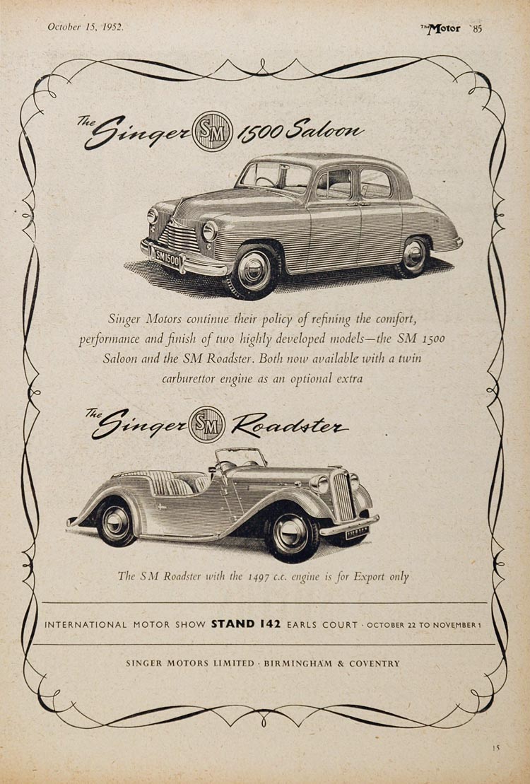 1952 Ad Vintage Singer Motors Roadster 1500 Saloon Car - ORIGINAL ADVERTISING