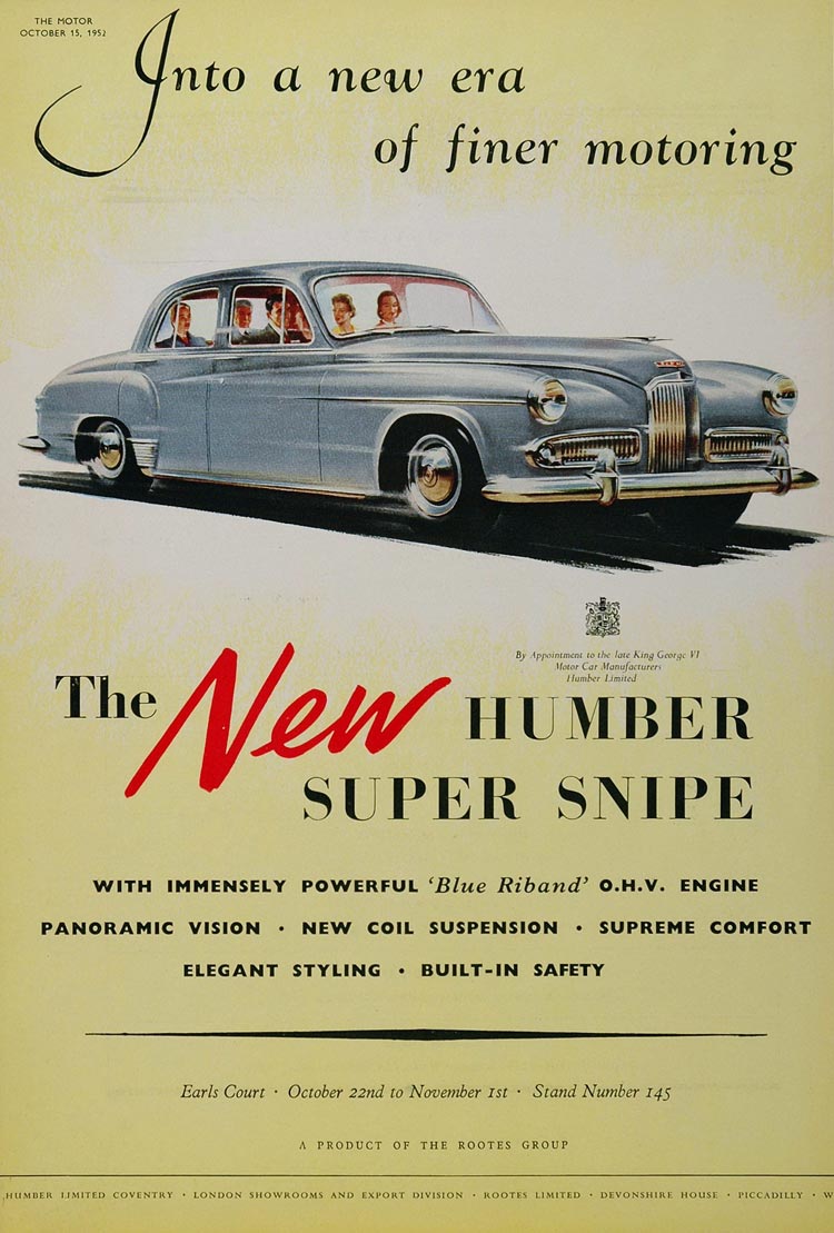 1952 Ad Vintage Blue Humber Super Snipe British Car - ORIGINAL ADVERTISING