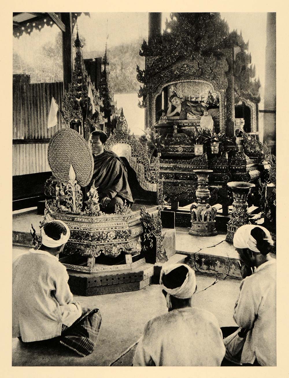 1929 Photogravure Buddhist Monastery Hall Prayer Monks Namtok Myanmar Religion