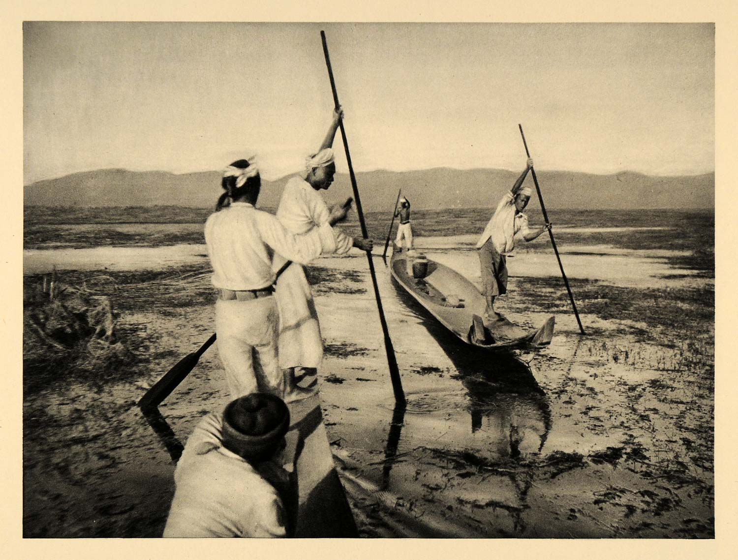 1929 Photogravure Lake Inle Shan Hills Fishing Boats Fishermen Men Burma Myanmar