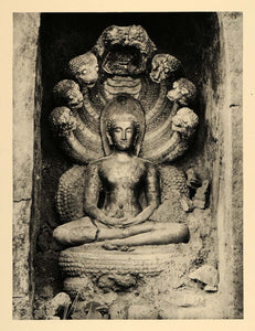 1929 Photogravure Sitting Buddha Statue Serpents Snakes Sawankhalok Thailand