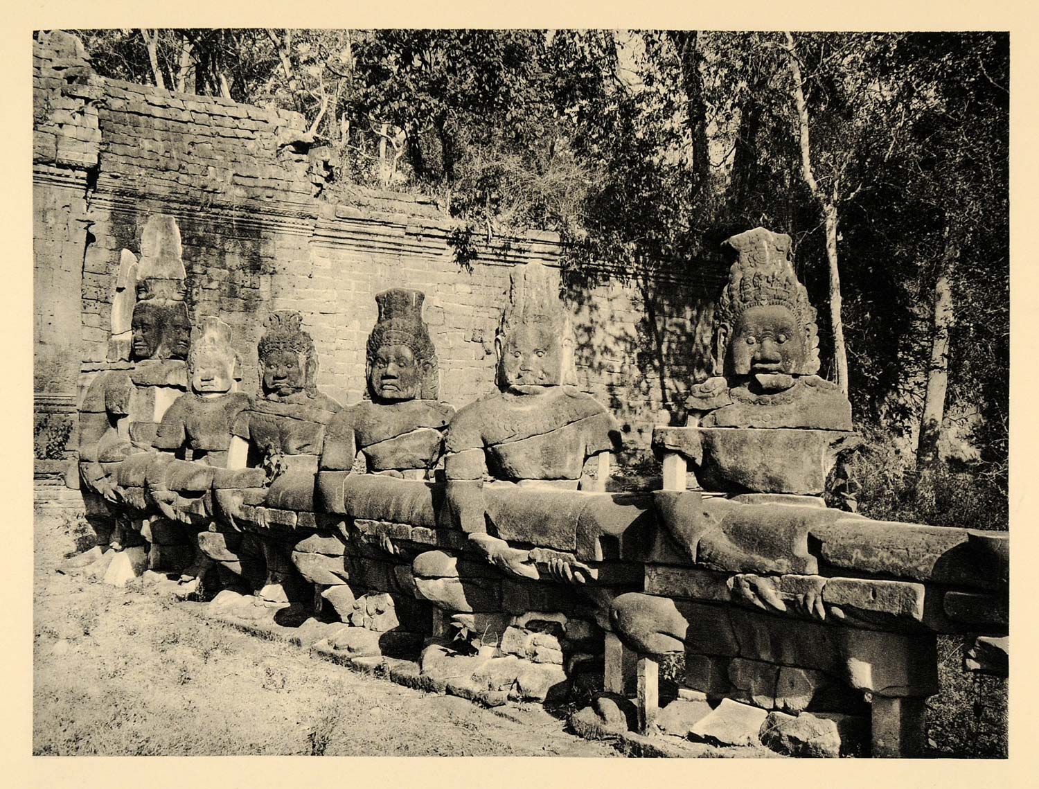 1929 Photogravure Angkor Thom Cambodia Victory Gate Watchmen Warriers Sculpture