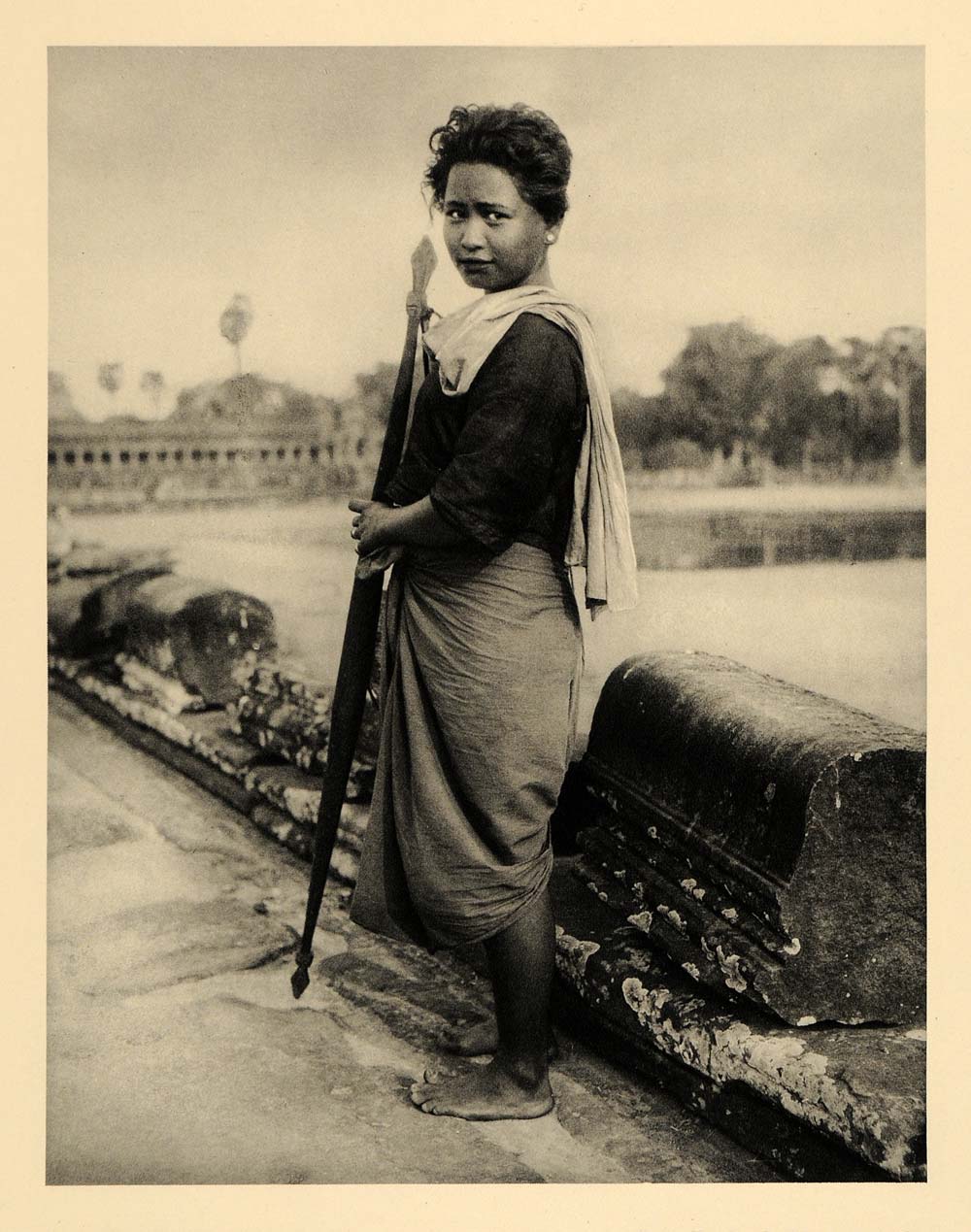 1929 Photogravure Cambodian Woman Fishing Spear Portrait Dress Angkor Cambodia