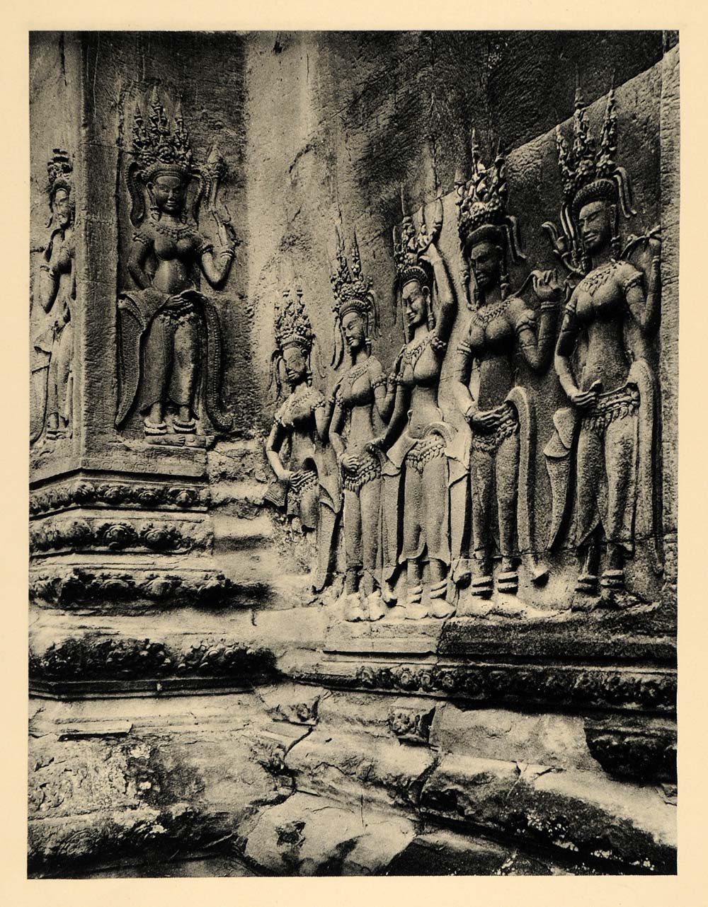 1929 Photogravure Angkor Wat Cambodia Devatas Hindu Deities Temple Sculpture