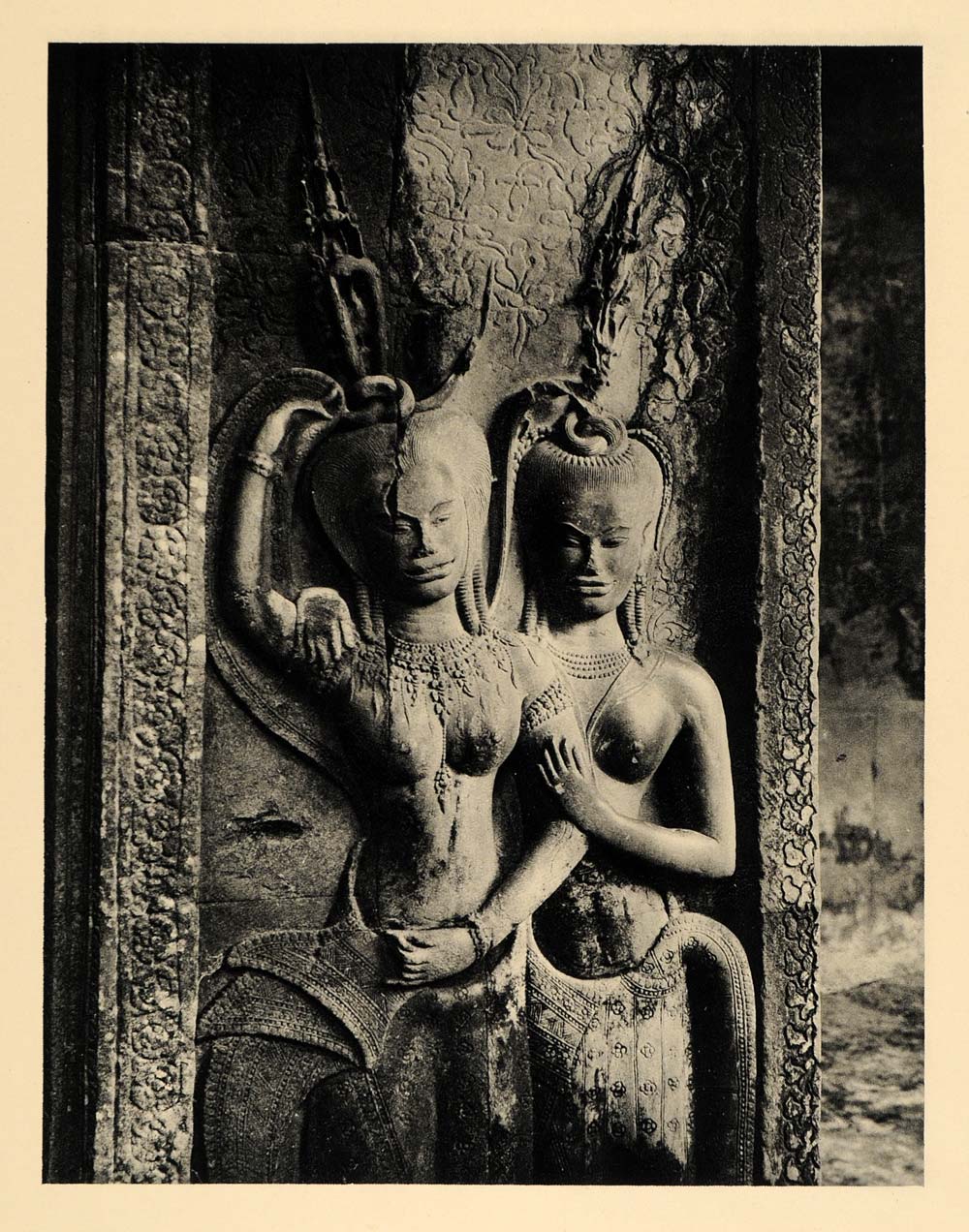 1929 Photogravure Angkor Wat Cambodia Devatas Hindu Deity Bas Relief Sculpture