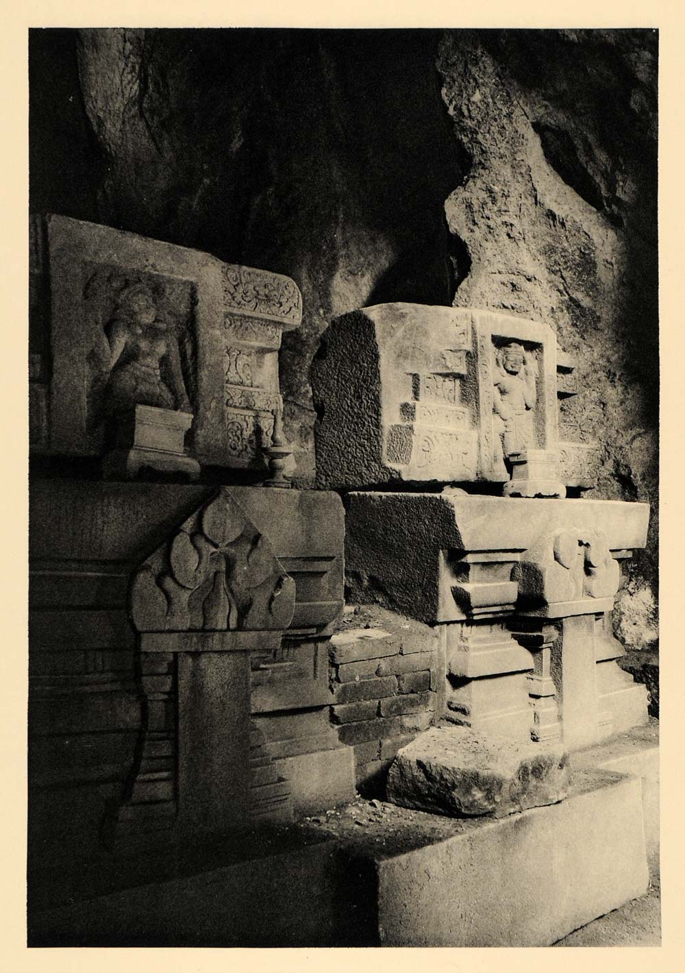 1929 Photogravure Da Nang Vietnam Marble Mountains Champa Stone Carvings Ruins