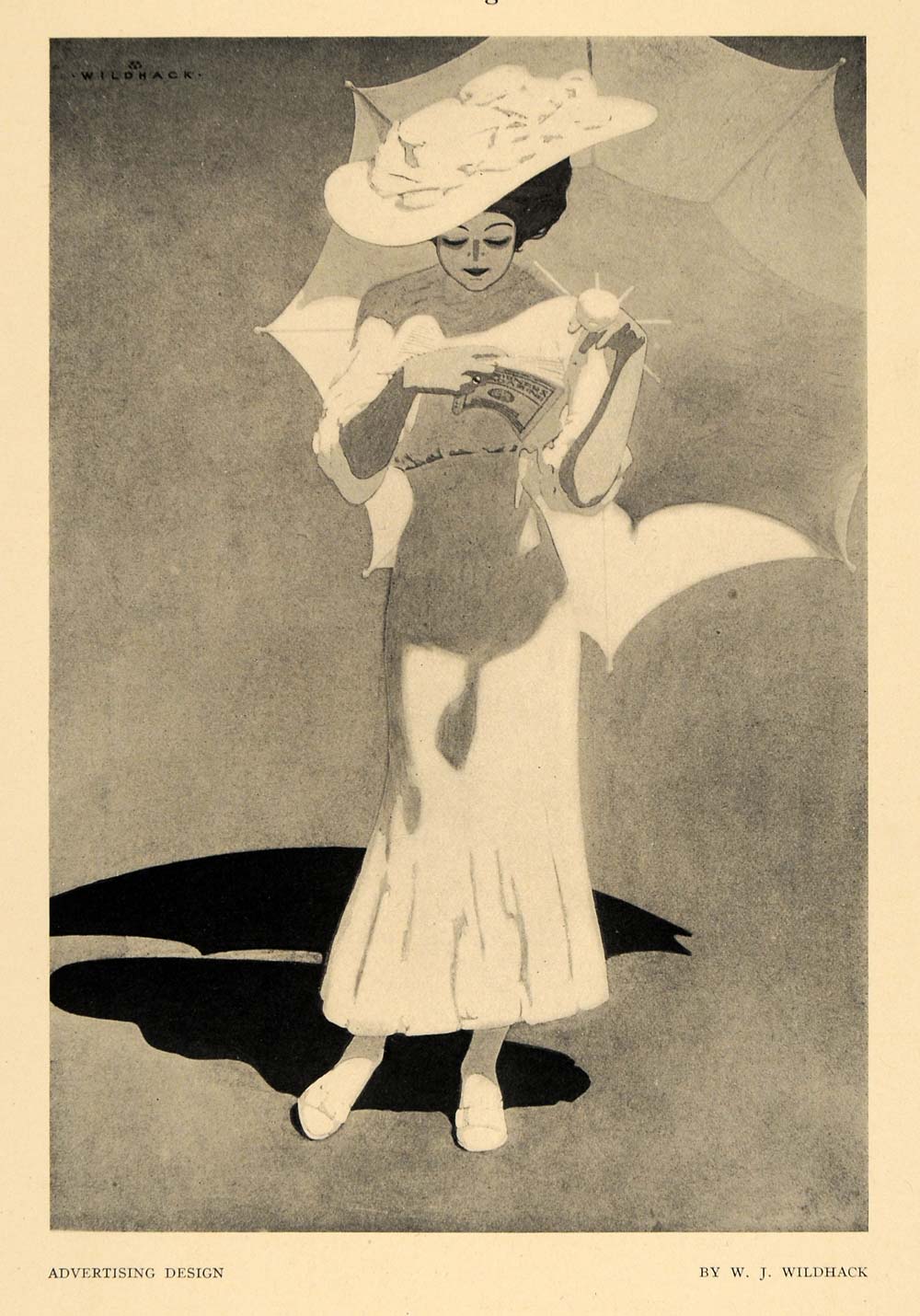 1908 Print Women Dress Umbrella Hat Magazine Shadow Art ORIGINAL HISTORIC INS2