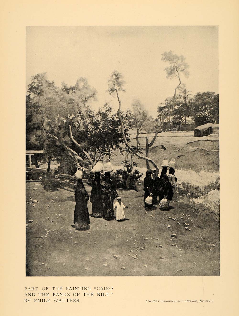 1908 Print Cairo Banks Nile Wauters Women Child Basket ORIGINAL HISTORIC INS2