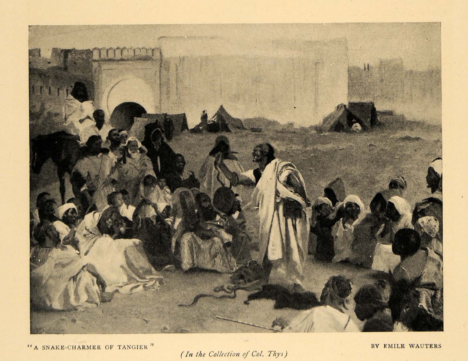 1908 Print Snake Charmer Tangier Wauters Crowd Tents - ORIGINAL HISTORIC INS2