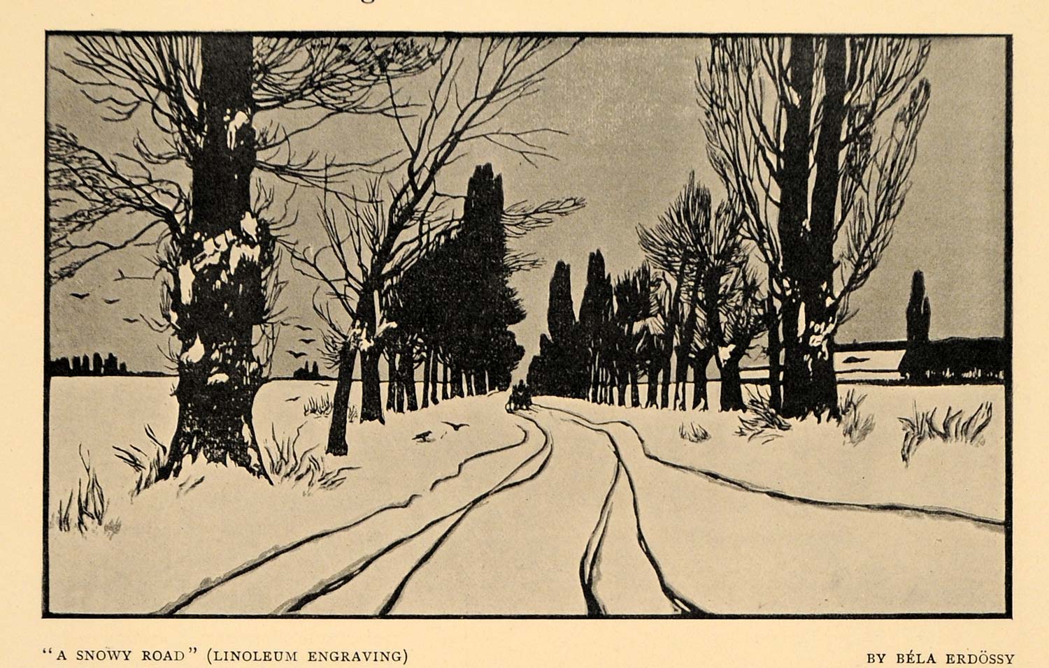 1908 Print Snowy Road Trails Trees Winter Cold Dark Art ORIGINAL HISTORIC INS2