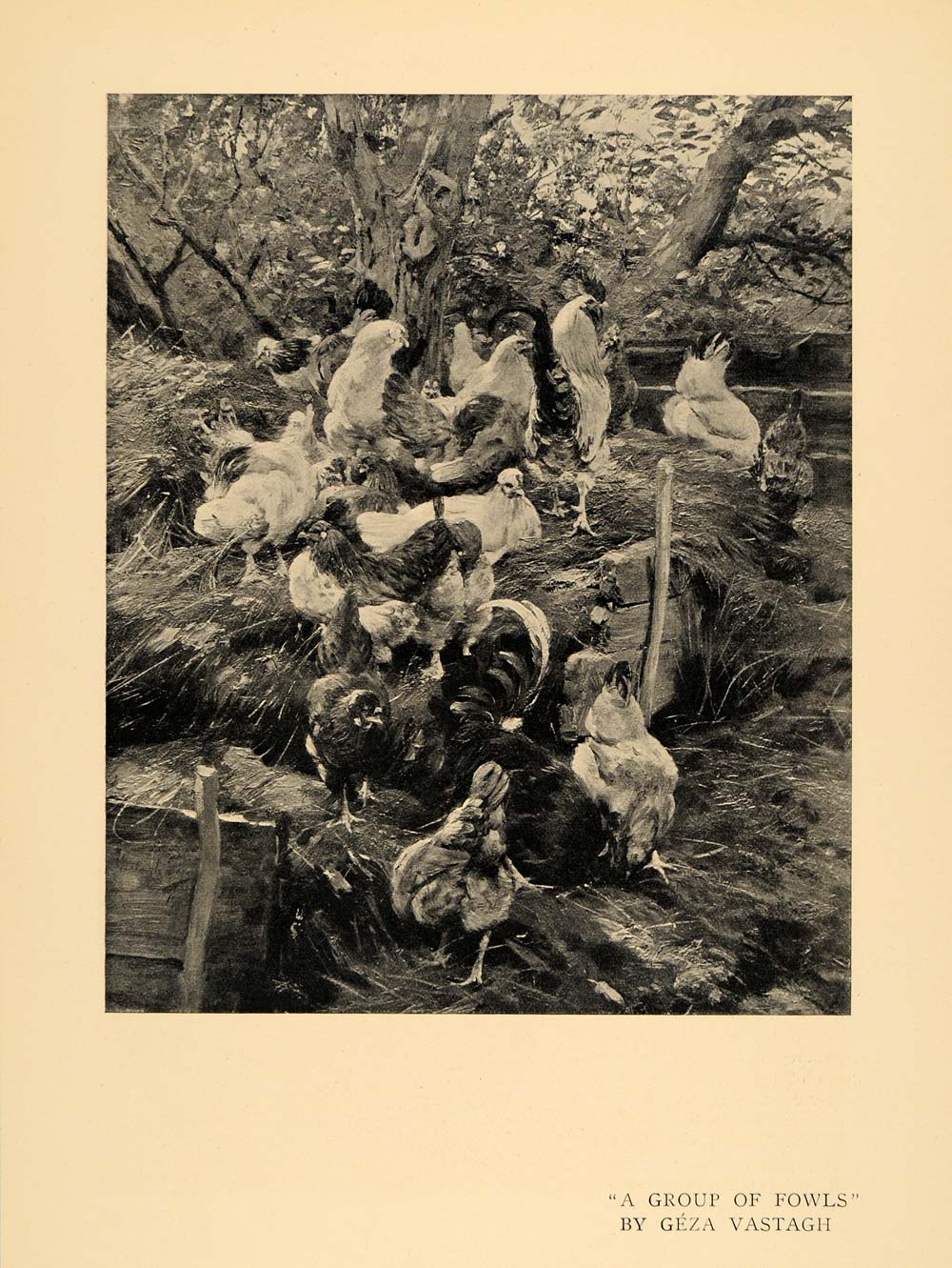 1908 Print Group Fowls Chicken Hay Country Outside Farm ORIGINAL HISTORIC INS2