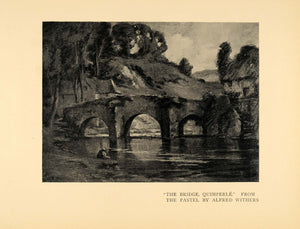 1908 Print Bridge Quimperle Pastel Charcoal Water Hills ORIGINAL HISTORIC INS2