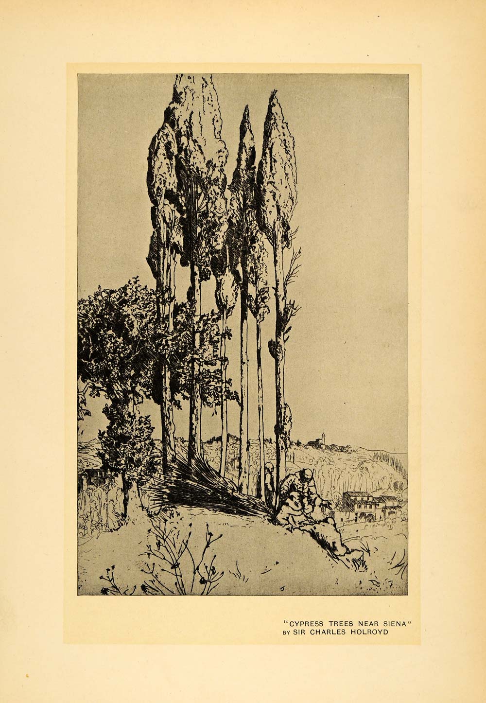1908 Print Cypress Trees Siena Tuscany Italy Cliff Art ORIGINAL HISTORIC INS2