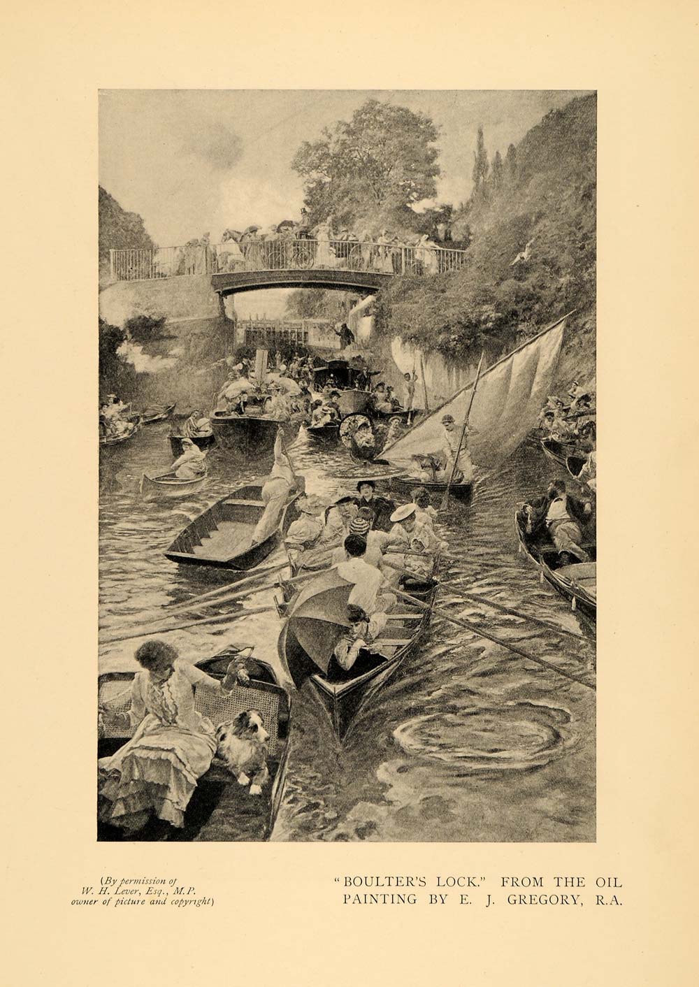 1911 Print Boulter's Lock Edward Gregoy Gondolas Italy ORIGINAL HISTORIC INS2