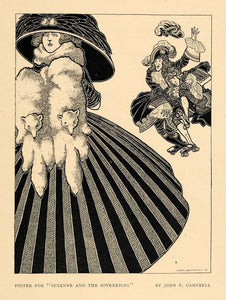 1911 Print Fur Scarf Roller Skate Suzanne Soverign Art ORIGINAL HISTORIC INS2