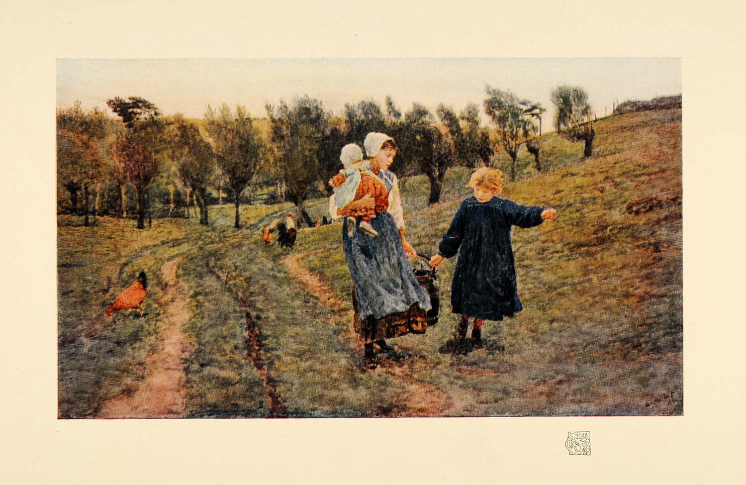 1910 Print Home Watercolor Girl Baby Chicken Field Tree - ORIGINAL INS2