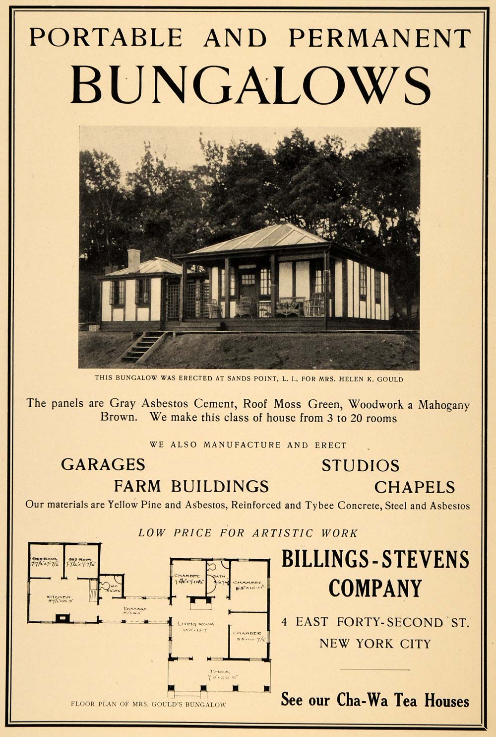 1910 Ad Portable Permanent Bungalows Moss Green House - ORIGINAL INS2