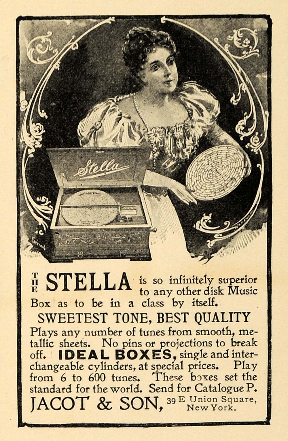 1898 Ad Stella Music Box Tone Quality Projection Tunes - ORIGINAL INS2