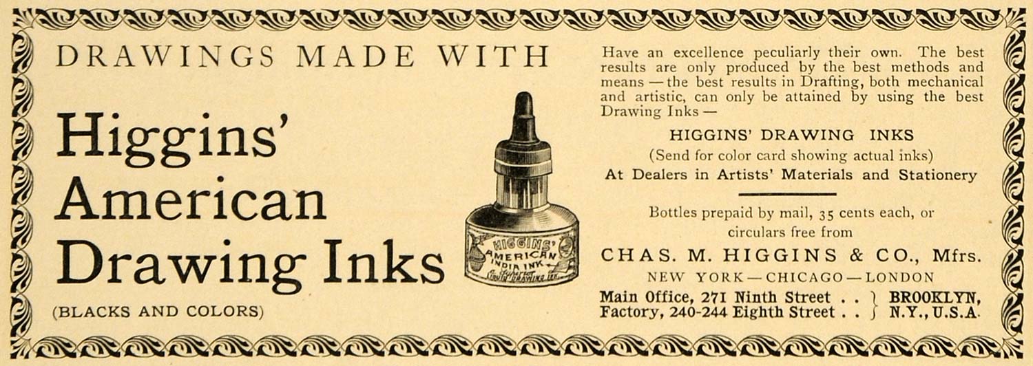 1903 Ad Higgins American Drawing Inks India Black Color - ORIGINAL INS2