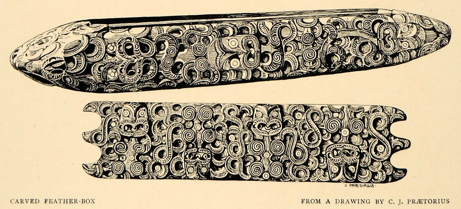1900 Print Artist C. J. Praetorius Maori Wood Carvings ORIGINAL HISTORIC INS2