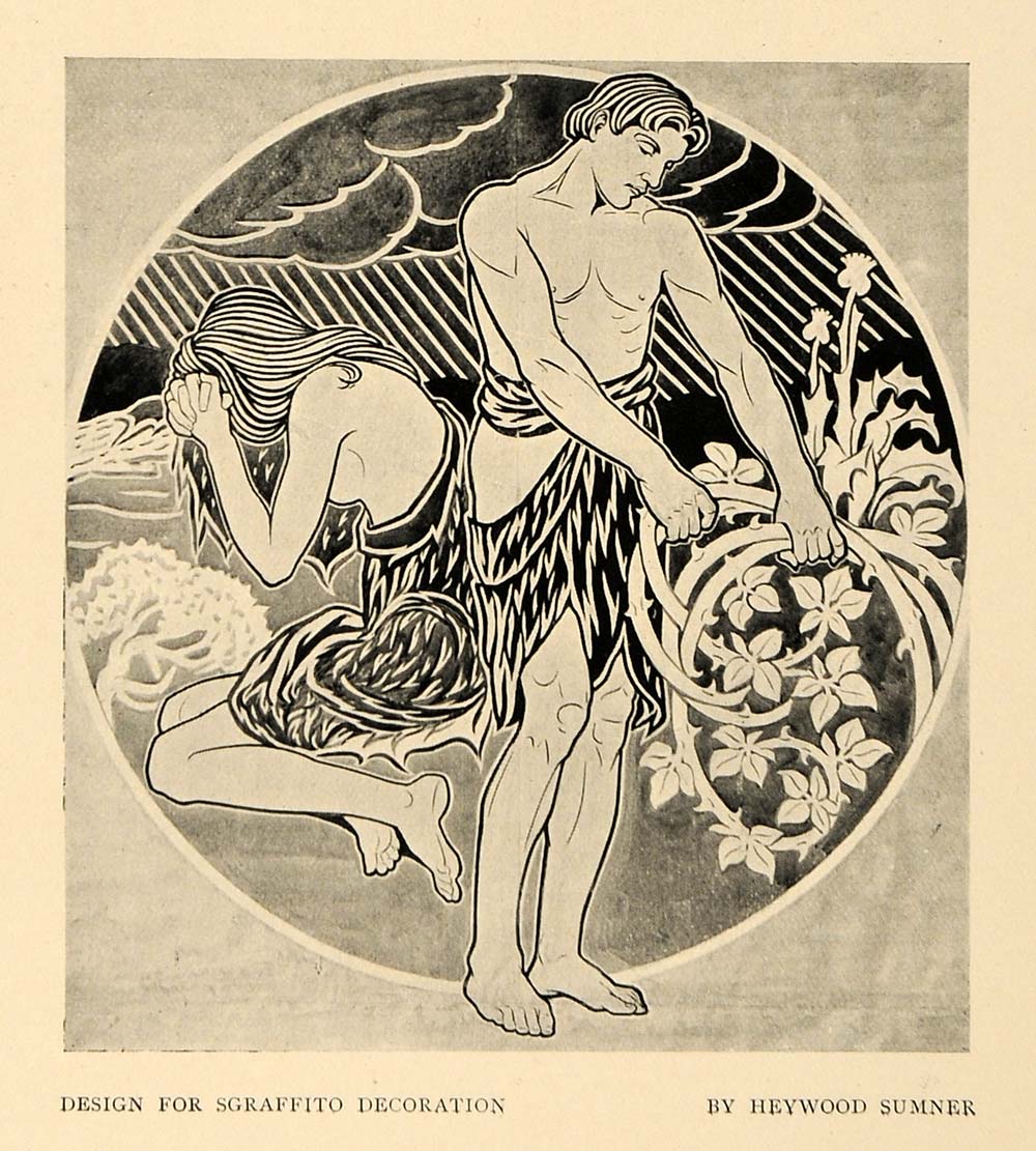 1899 Print Art Heywood Sumner Sgraffito Pot Adam Eve - ORIGINAL HISTORIC INS2