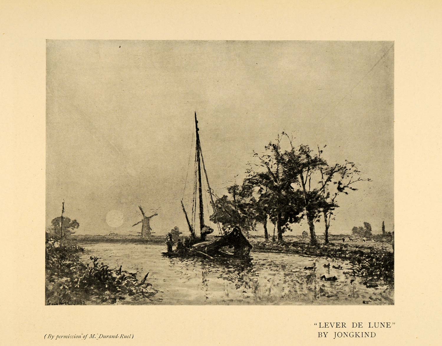 1903 Print Lever Lune Moonrise Sailboat Lake Trees Art ORIGINAL HISTORIC INS2