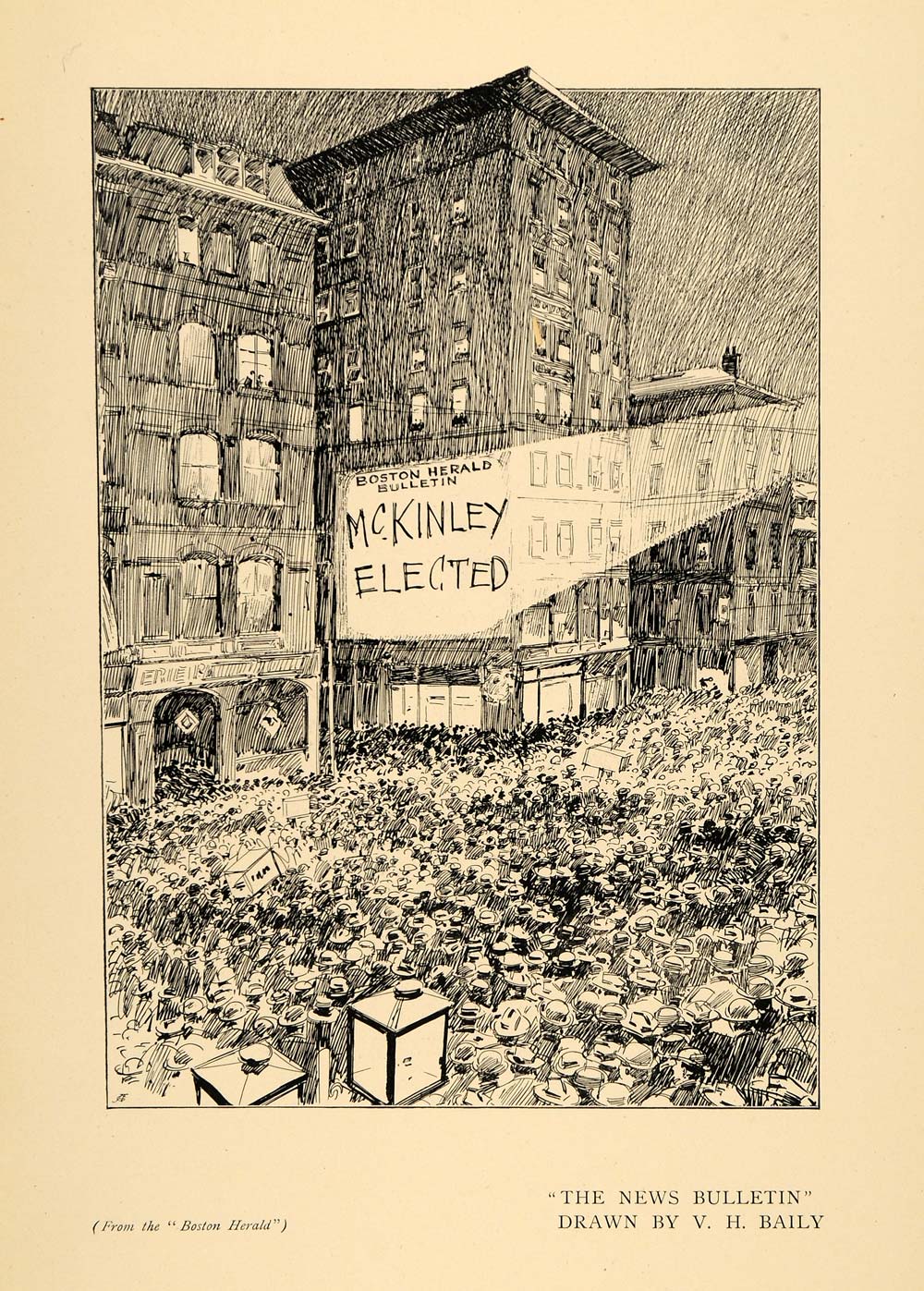1902 Print News Bulletin City Buildings Crowd McKinley ORIGINAL HISTORIC INS2