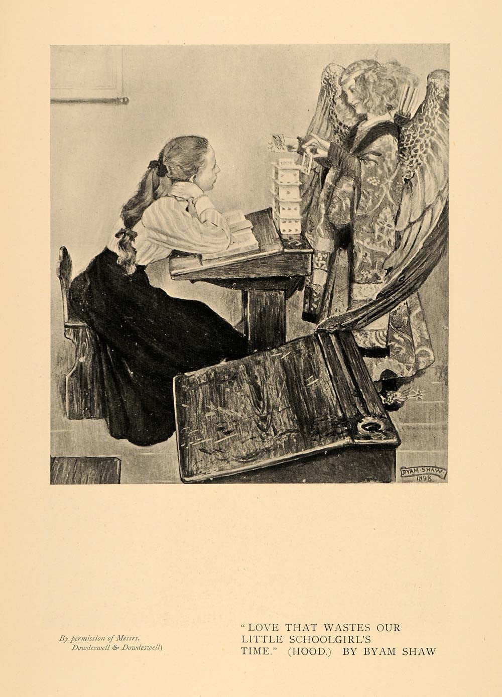 1899 Print Love Wastes Time Schoolgirl Classroom Angel ORIGINAL HISTORIC INS2 - Period Paper
