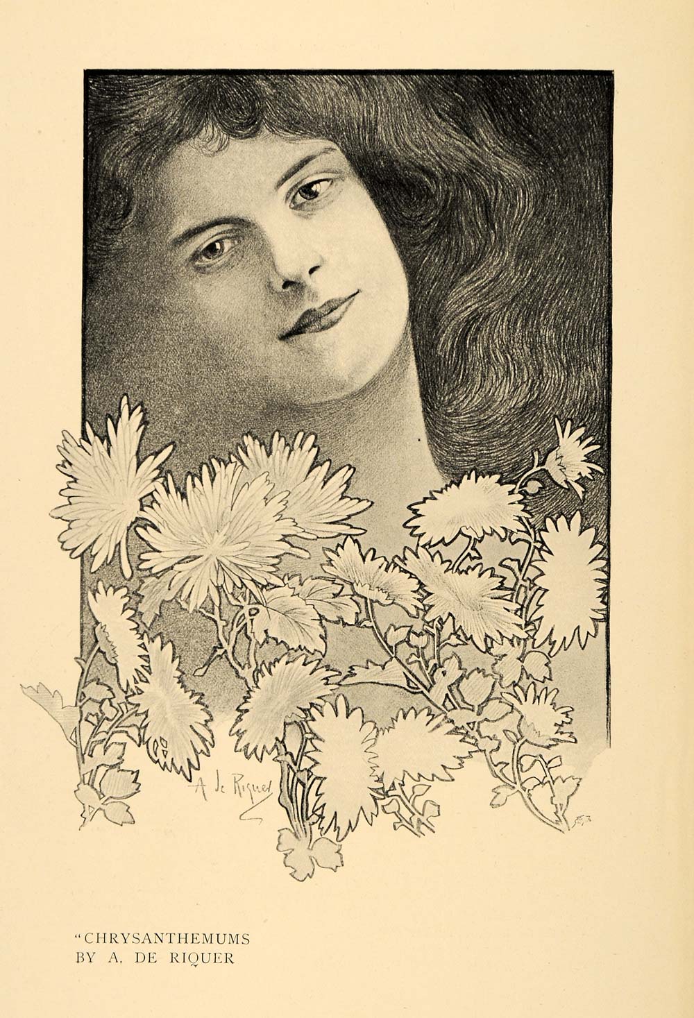 1900 Print Chrysanthemums Women Beauty Peaceful Riquer ORIGINAL HISTORIC INS2