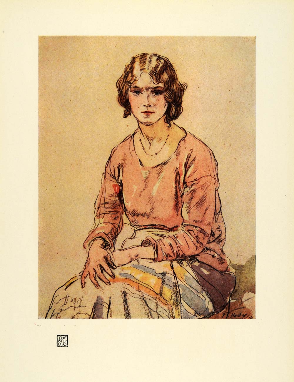 1920 Print Lily Watercolor Painting Draw Line Women Sit - ORIGINAL INS2