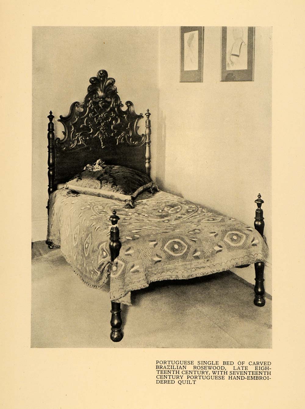 1920 Print Carved Bed Frame Rosewood Embroidered Quilt ORIGINAL HISTORIC INS2