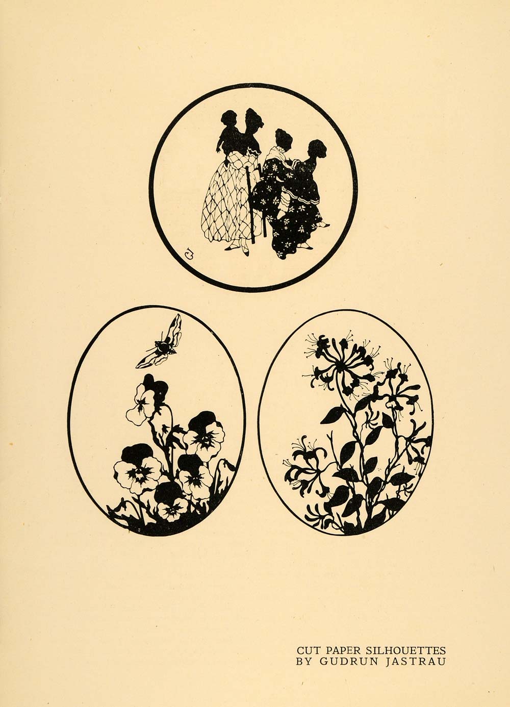1920 Print Cut Paper Silhouettes Flowers Family Child ORIGINAL HISTORIC INS2